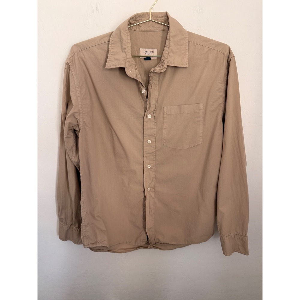 American Eagle Tan Khaki Cotton Button Down Shirt Long Sleeve Small Old Money